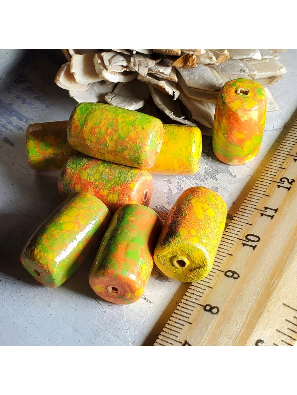 Vintage Japanese Mottled Decoupage Beads Coral Pink Cream Green 22mm Tube 4pcs